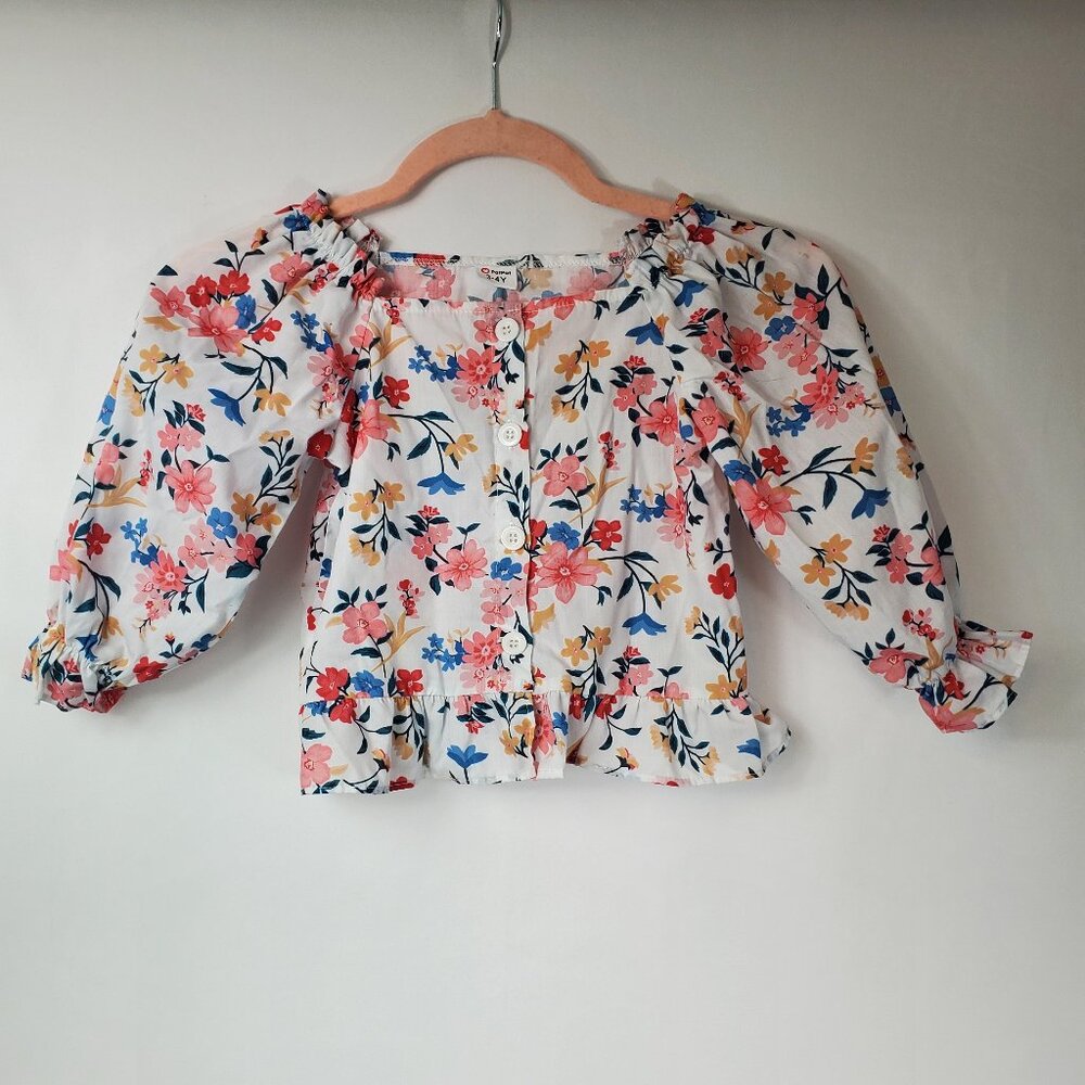 PatPat Wht Floral Long Ruffled Slv & Bottom Adorable Girls Sz 3-4Y Blouse